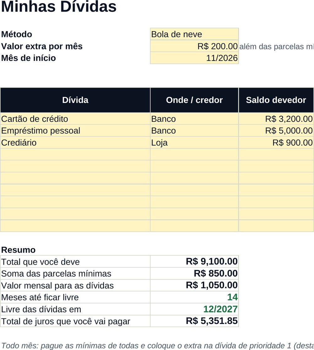 Prévia da planilha Adeus Dívidas com lista de dívidas e resumo