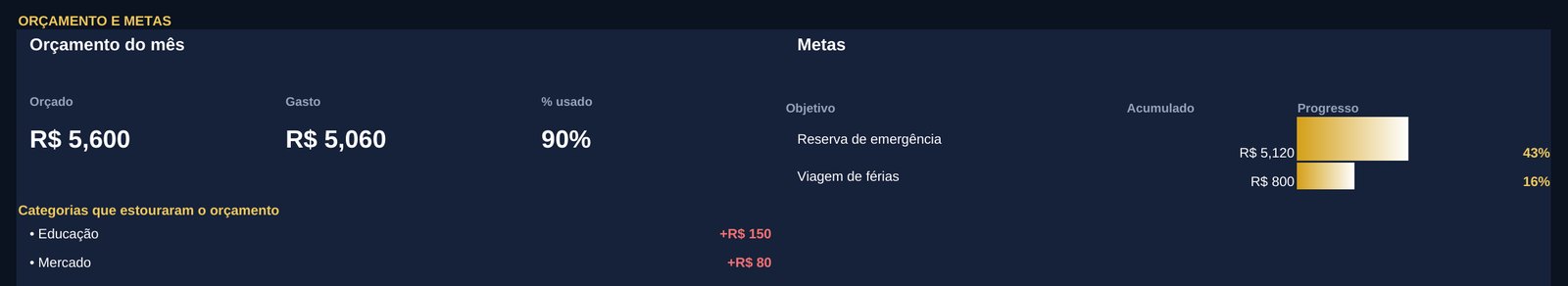 Resumo de orçamento do mês e progresso das metas